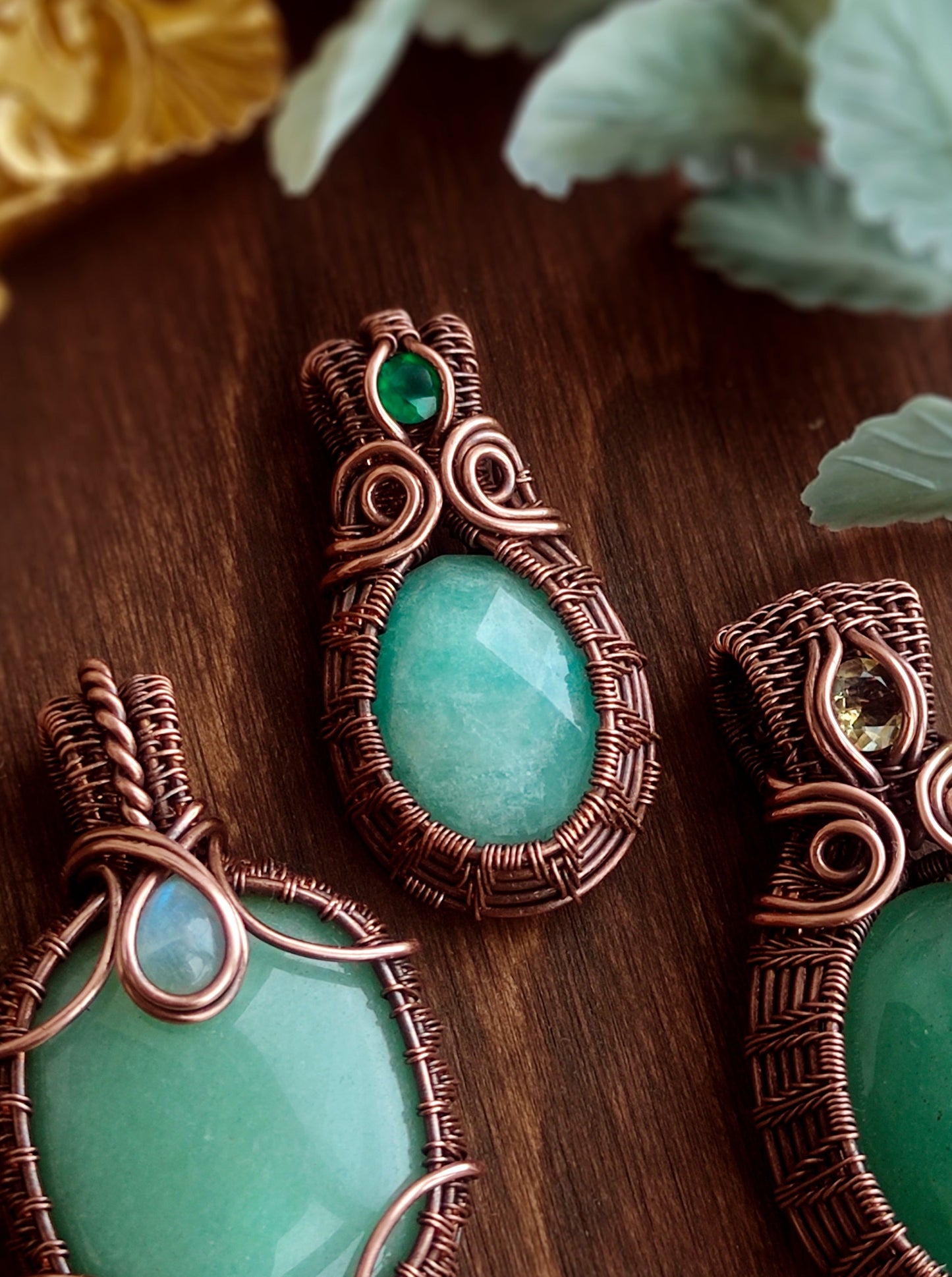 Amazonite and Green Onyx Wire Wrapped Pendant in Copper