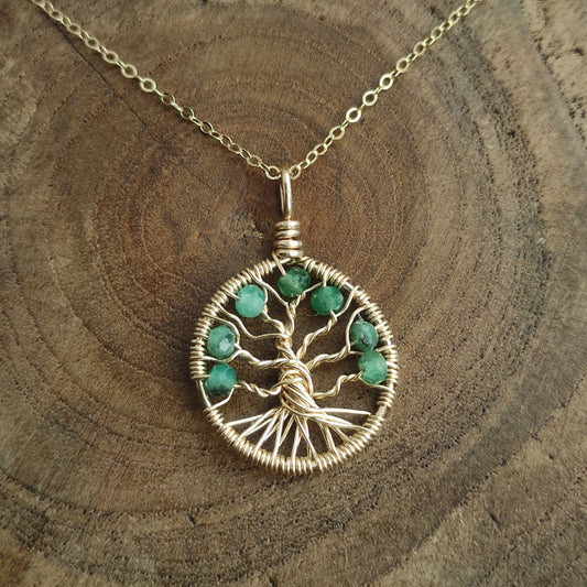 Tree of Life Pendant with 7 Branches of Emeralds in 14K Gold Filled