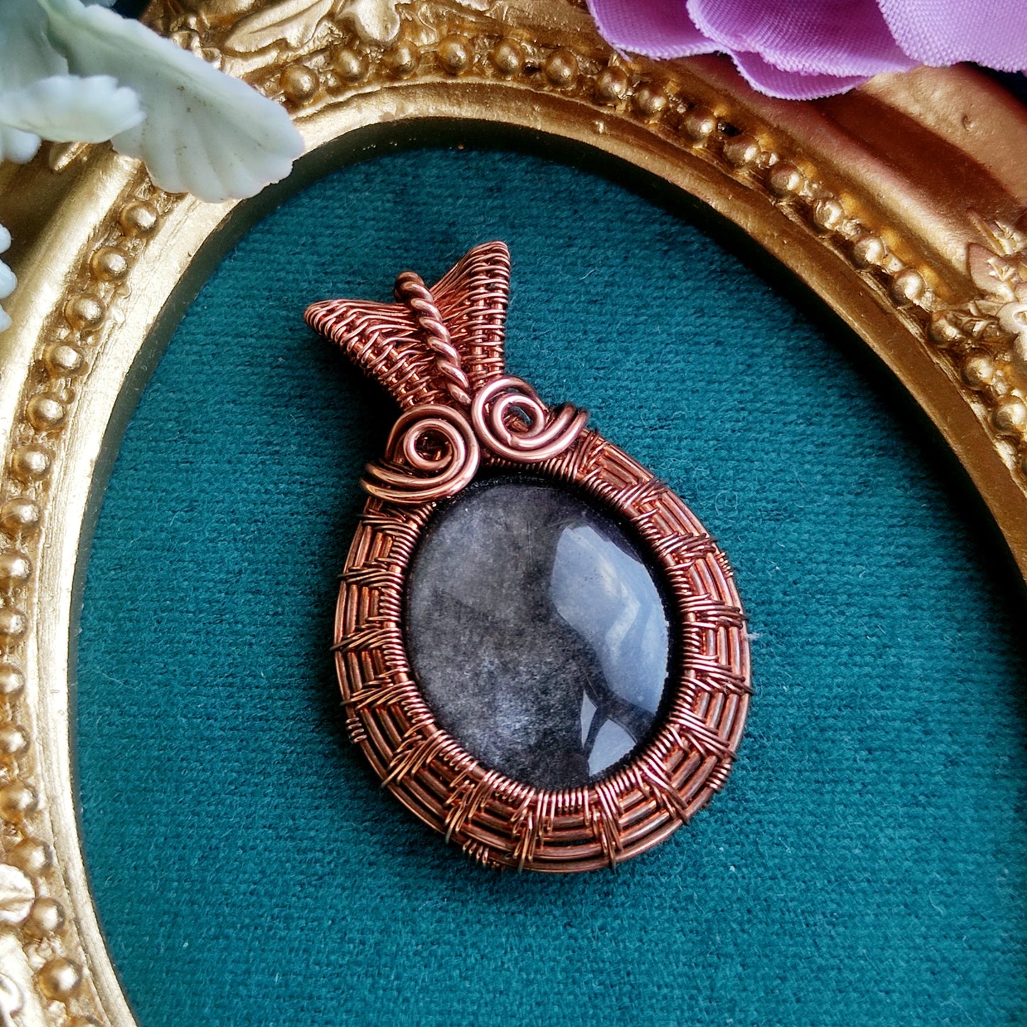 Silver Obsidian Wire Wrapped Pendant in Copper