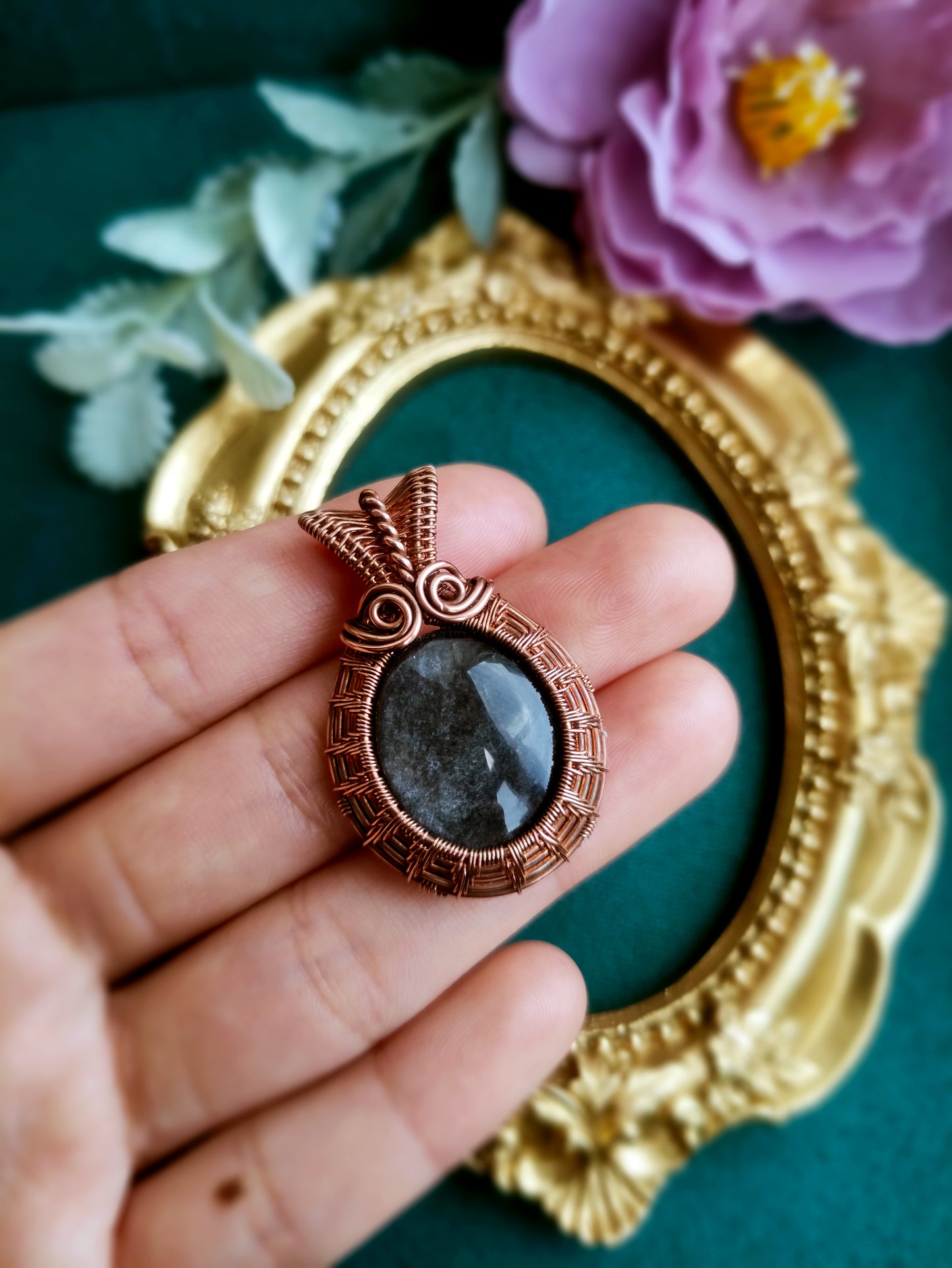 Silver Obsidian Wire Wrapped Pendant in Copper