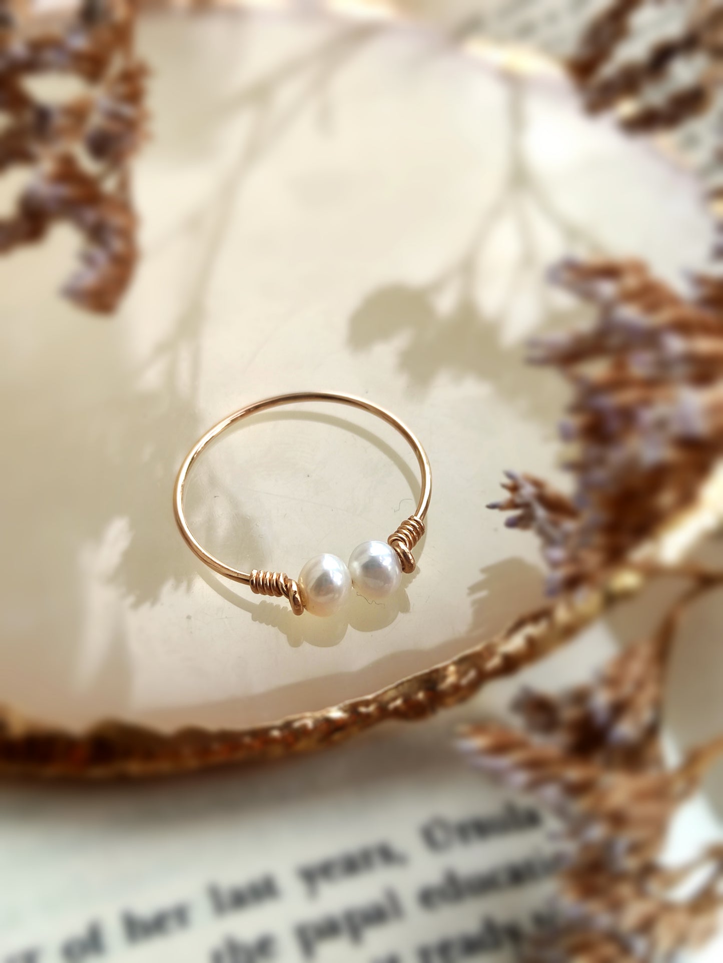 Double Pearl Ring, Dainty Two Freshwater Pearl Ring