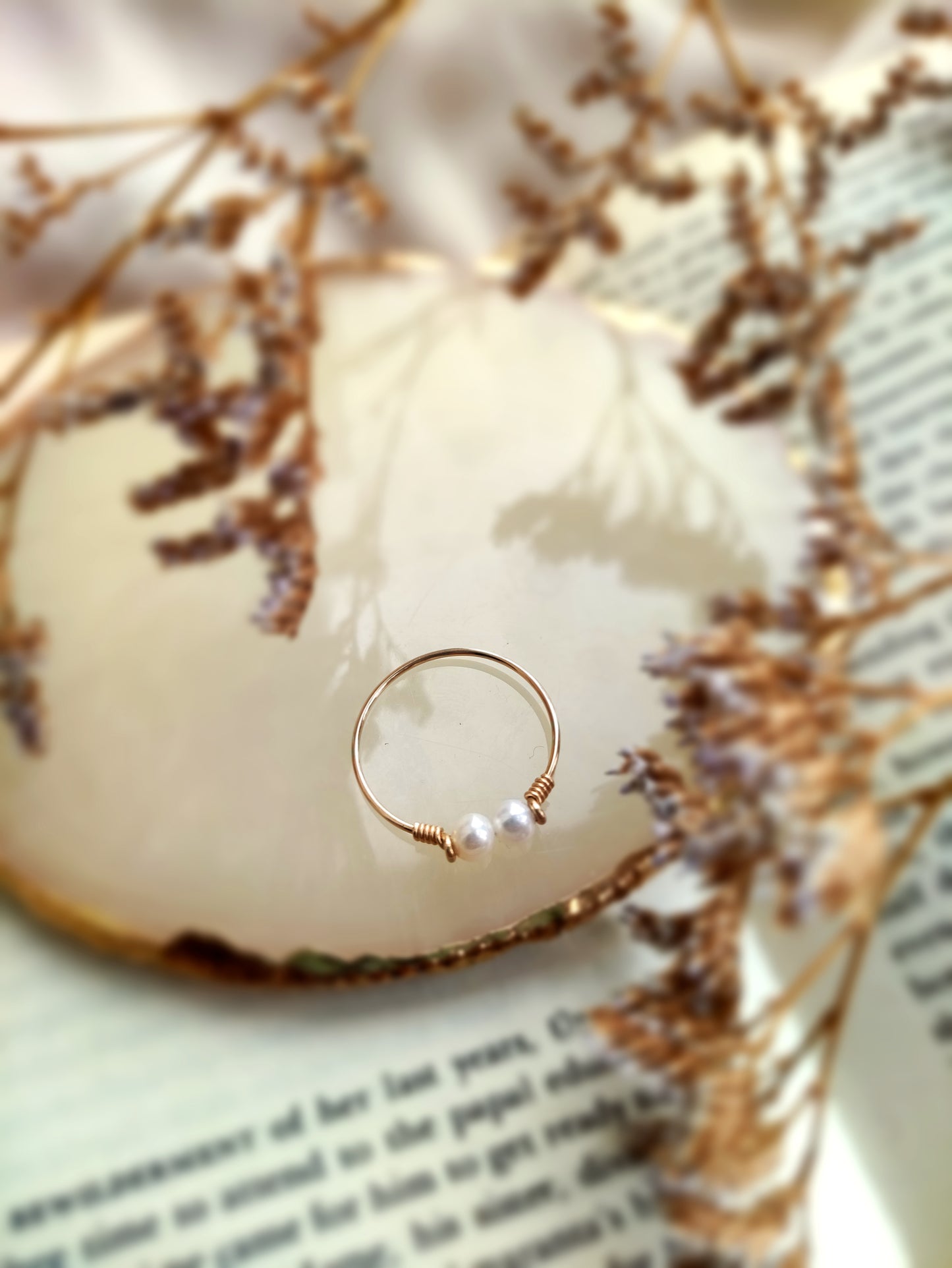 Double Pearl Ring, Dainty Two Freshwater Pearl Ring
