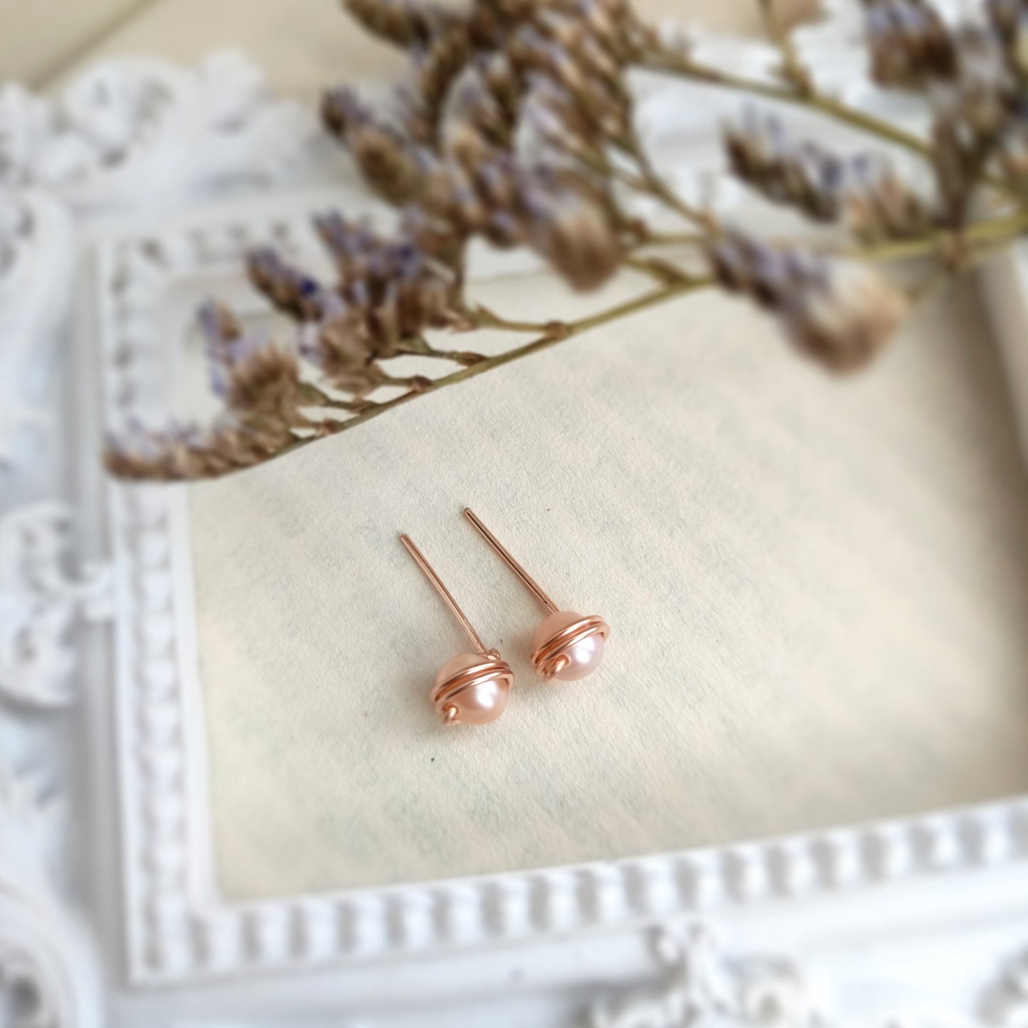 Tiny Pink Pearl Stud Earrings 14K Rose Gold Filled