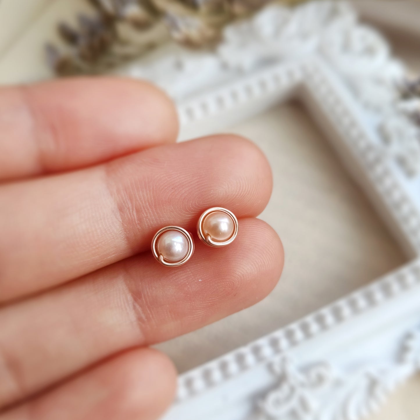Tiny Pink Pearl Stud Earrings 14K Rose Gold Filled