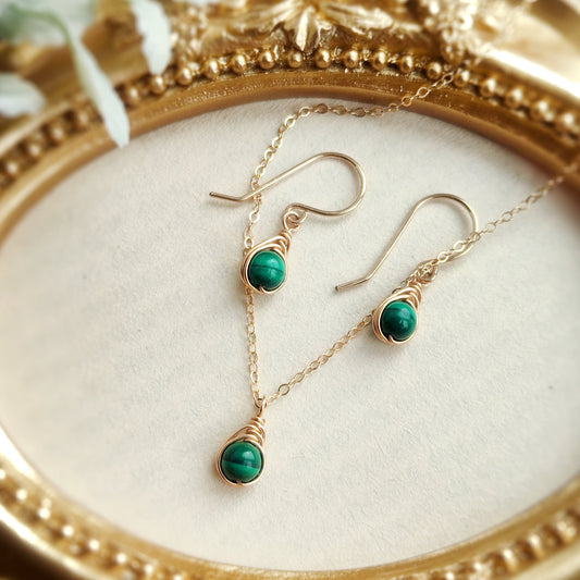 Dainty Malachite Jewelry Set with Earrings and Necklace