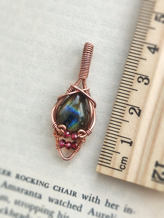 Delicate Labradorite and Garnet Wire Wrapped Pendant in Solid Copper