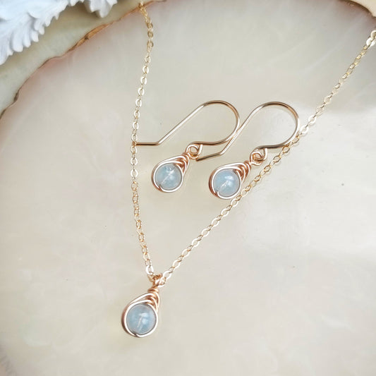 Dainty Aquamarine Jewelry Set with Earrings and Necklace, March Birthstone Gift