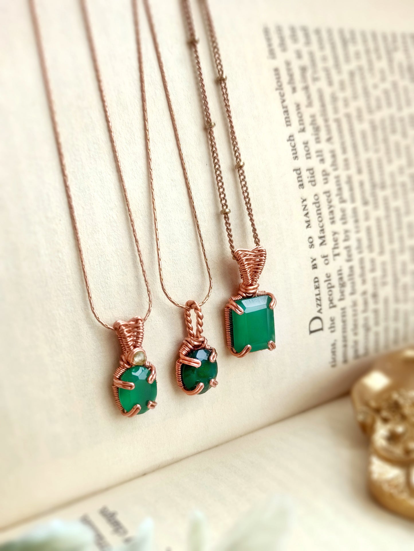 Green Onyx Baguette Cut Pendant Necklace in Solid Copper