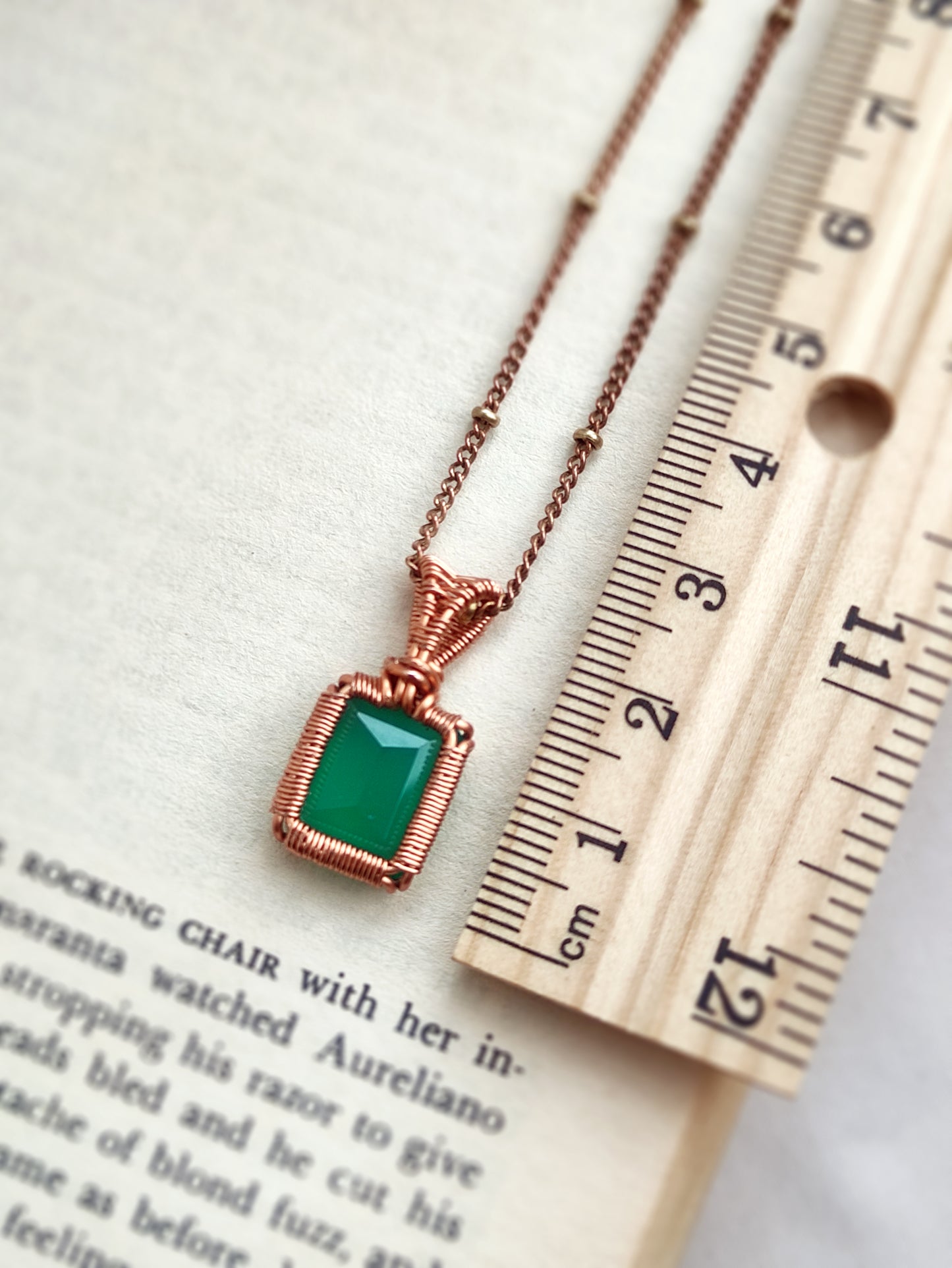 Green Onyx Baguette Cut Pendant Necklace in Solid Copper