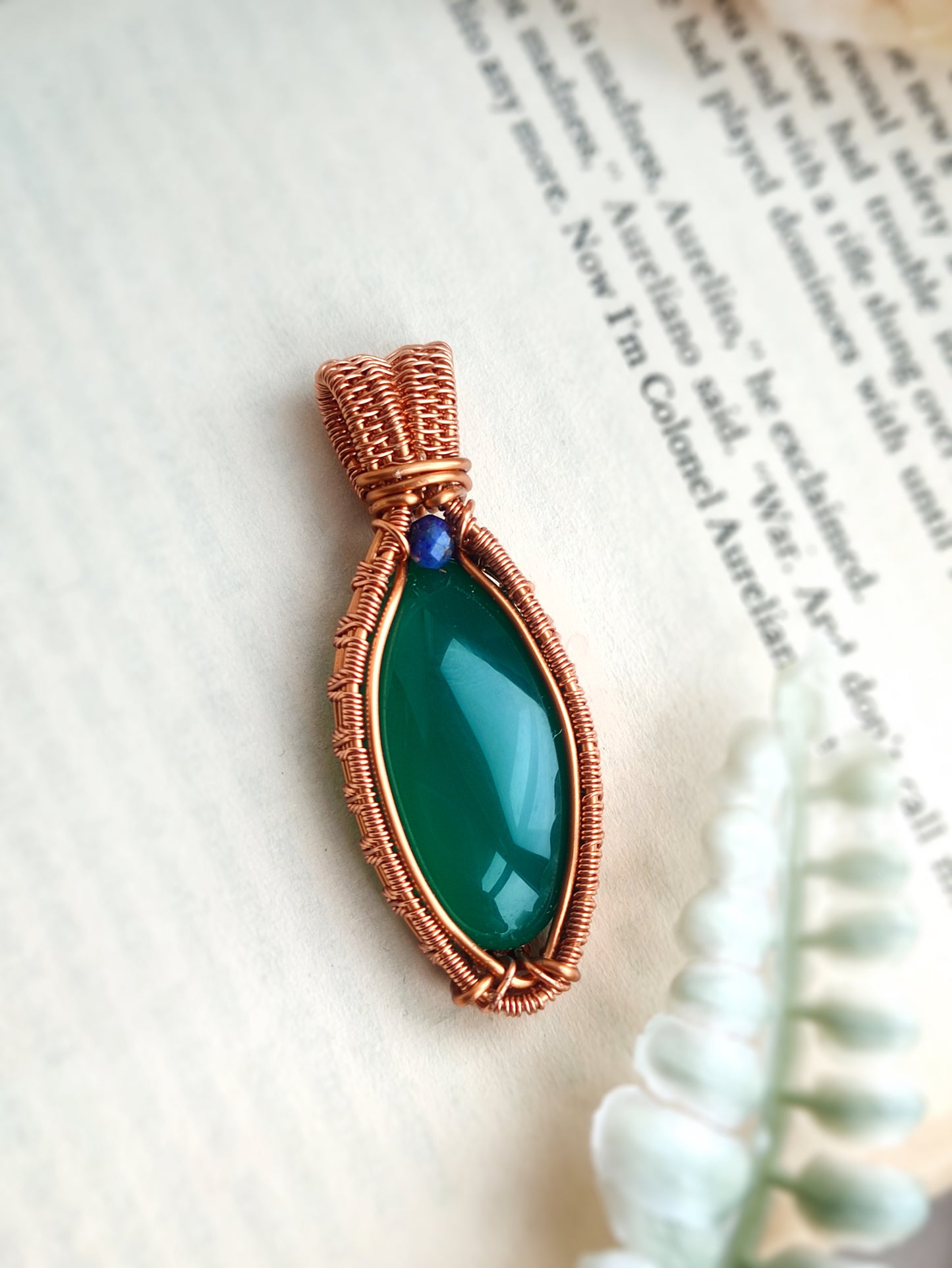 Oval Green Onyx Wire Weave Pendant in Solid Copper