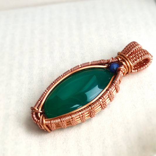 Oval Green Onyx Wire Weave Pendant in Solid Copper