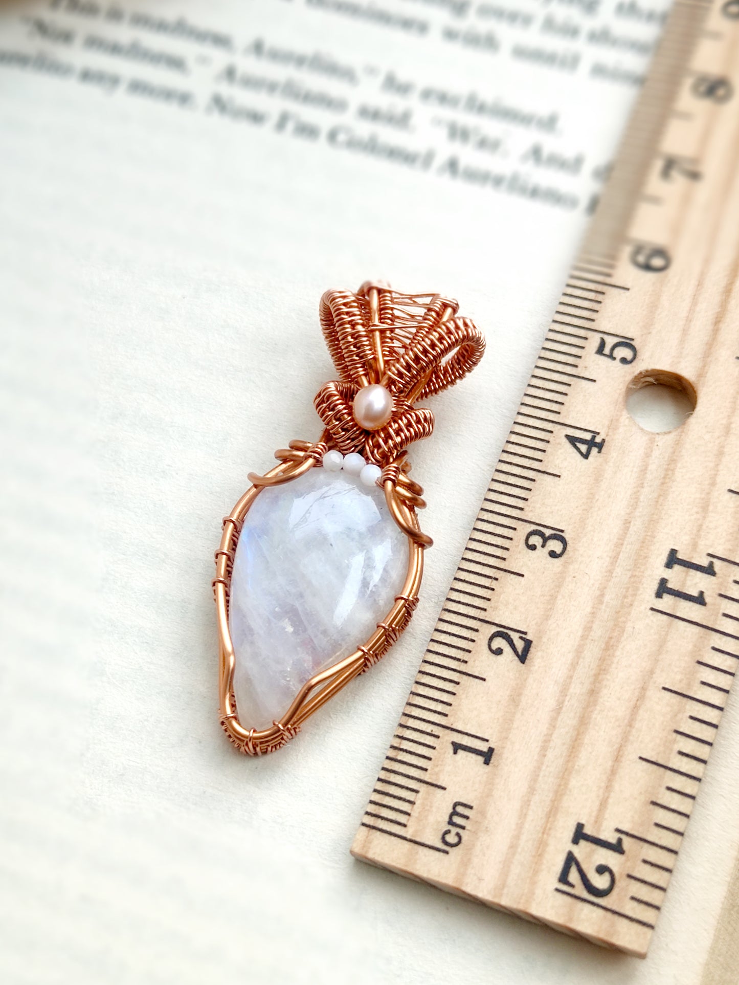 Teardrop Moonstone and Pearl Wire Weave Pendant in Solid Copper