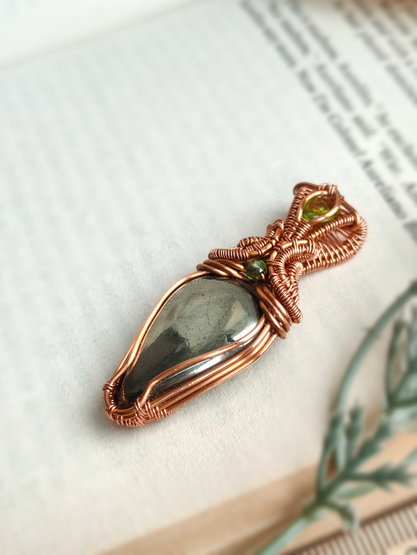 Teardrop Pyrite and Peridot Wire Weave Pendant in Solid Copper