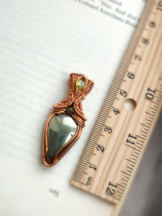 Teardrop Pyrite and Peridot Wire Weave Pendant in Solid Copper