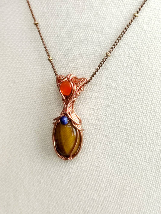 Tiger's Eye and Carnelian Vase Pendant in Copper