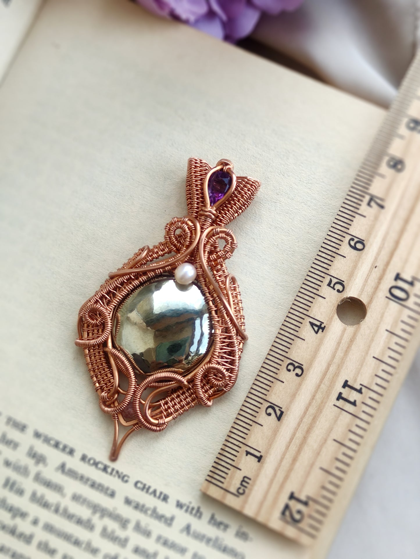 Pyrite and Amethyst Statement Pendant in Copper