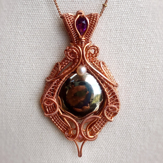 Pyrite and Amethyst Statement Pendant in Copper