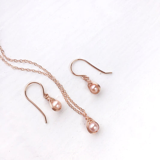 Dainty Pink Pearl Jewelry Set, Rose Gold Earrings and Necklace Set