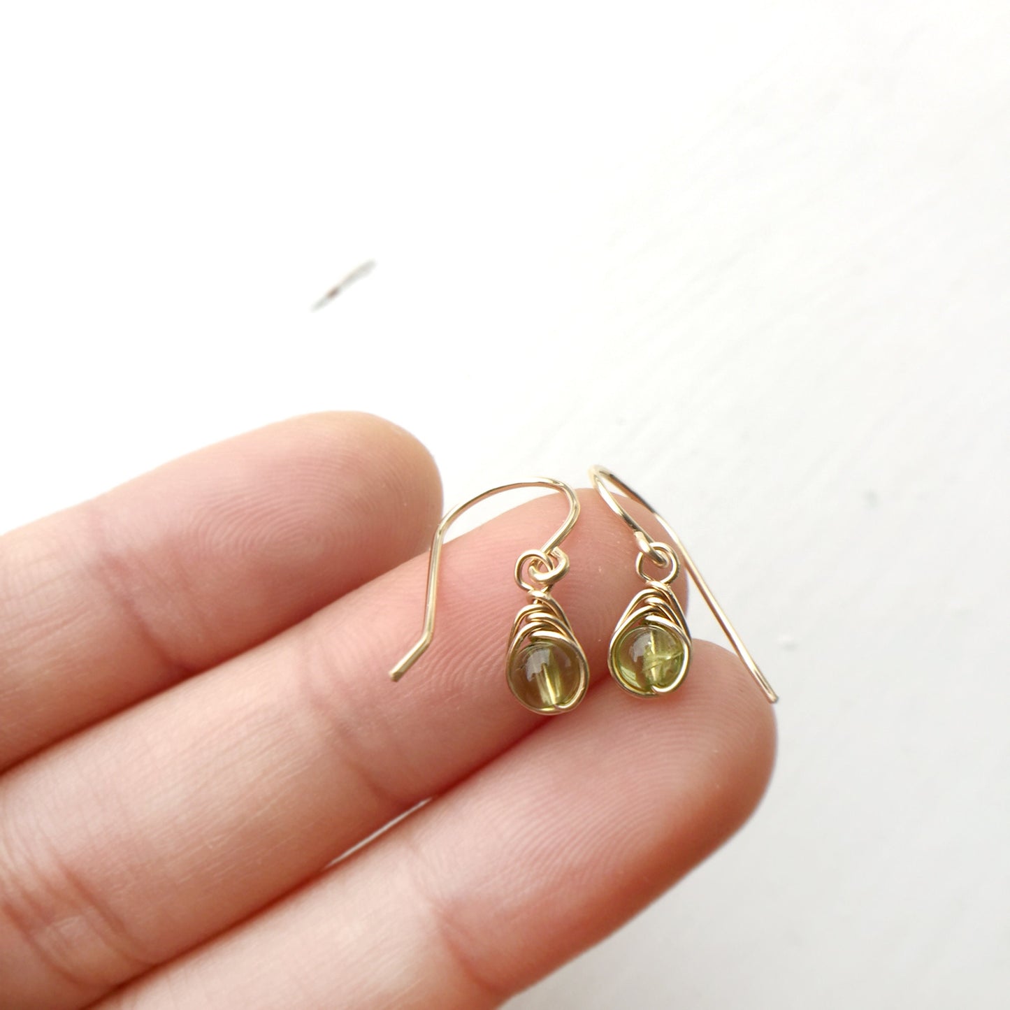 Tiny Peridot Dangle Earrings, August Birthstone