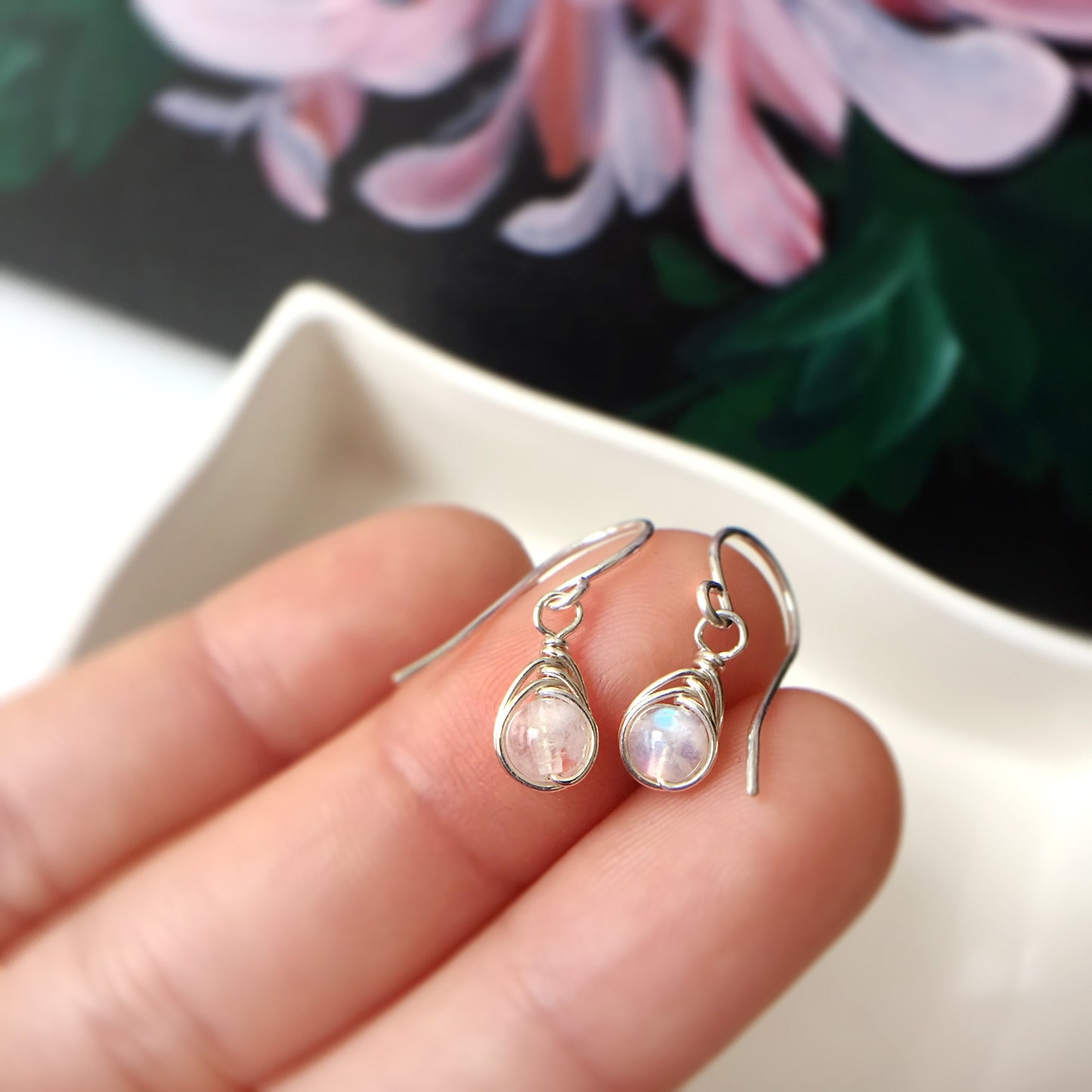 Tiny Moonstone Dangle Earrings