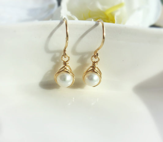 Dainty White Pearl Dangle Earrings 14K Gold Filled, Small Pearl Earrings