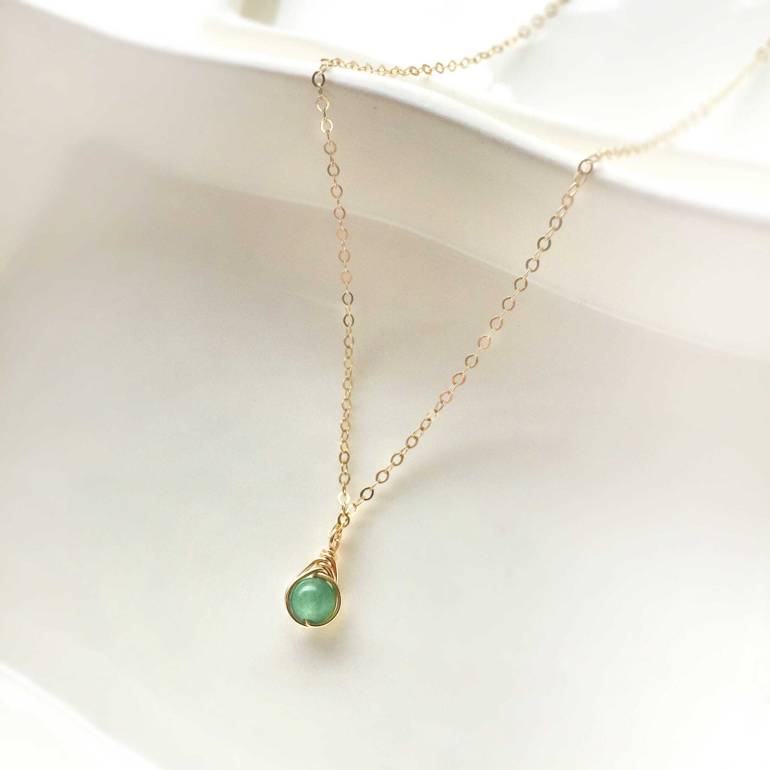 Green Jade Crystal Pendant Necklace - 18K Gold Plated Chain - Dainty Gemstone Charm - 18 Inch