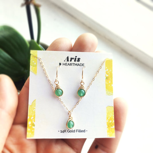 Dainty Green Jade Jewelry Set, Earrings and Necklace Set
