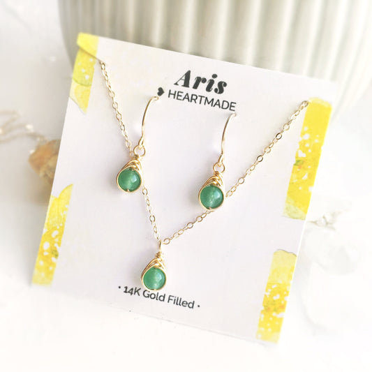 Dainty Green Jade Jewelry Set, Earrings and Necklace Set