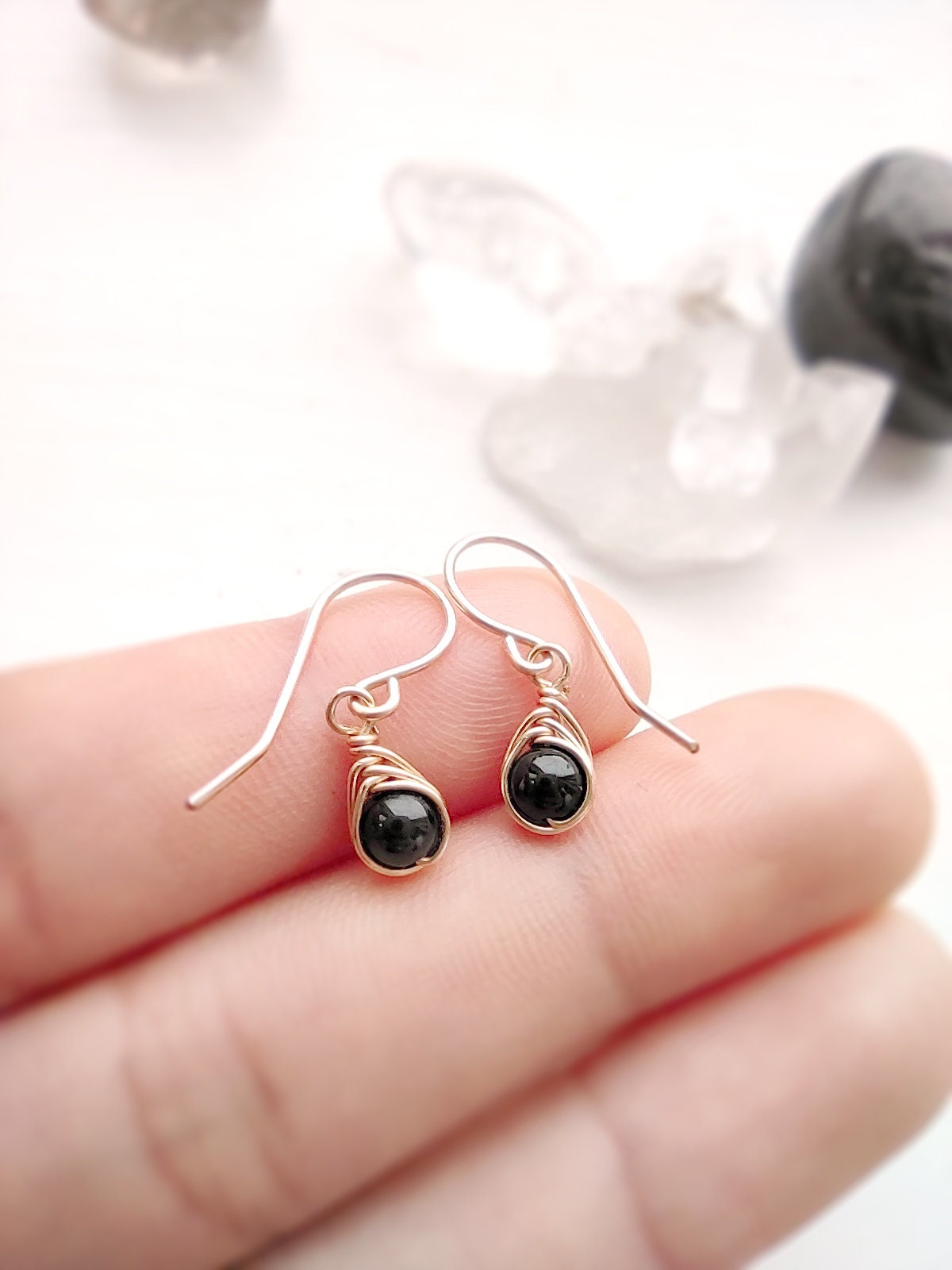 Tiny Black Tourmaline Dangle Earrings