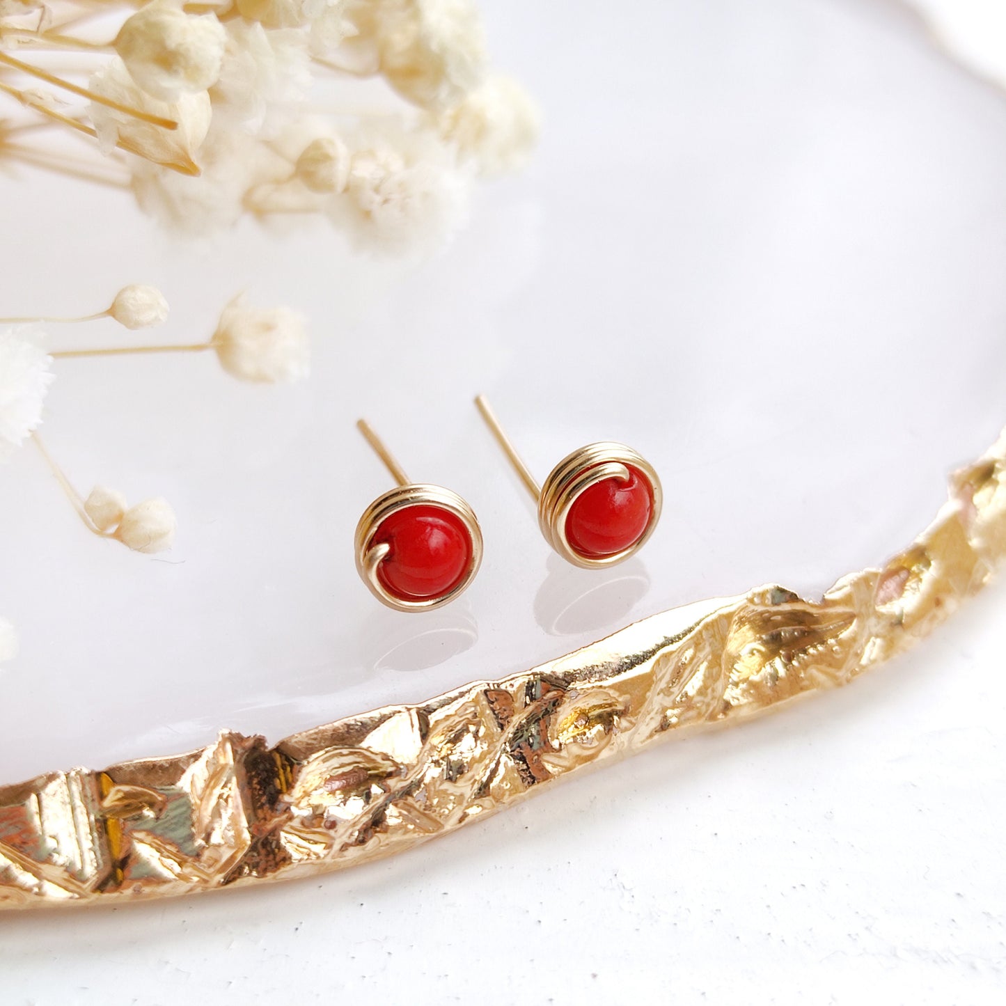 Red Coral Stud Earrings
