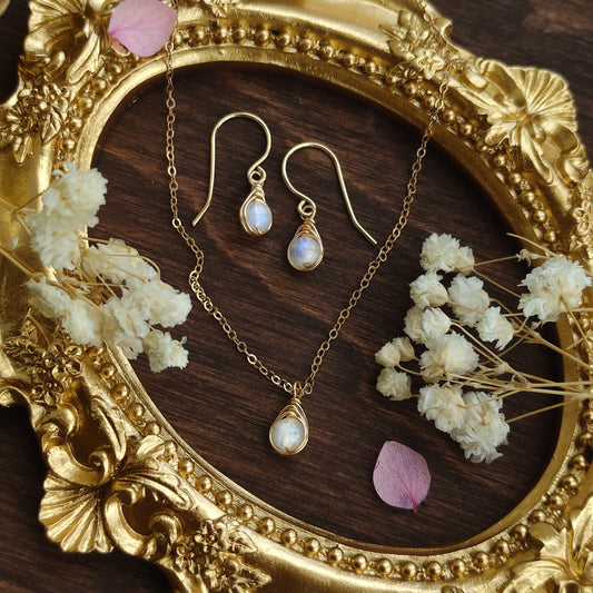 Dainty Moonstone Jewelry Set, Earrings and Necklace Set
