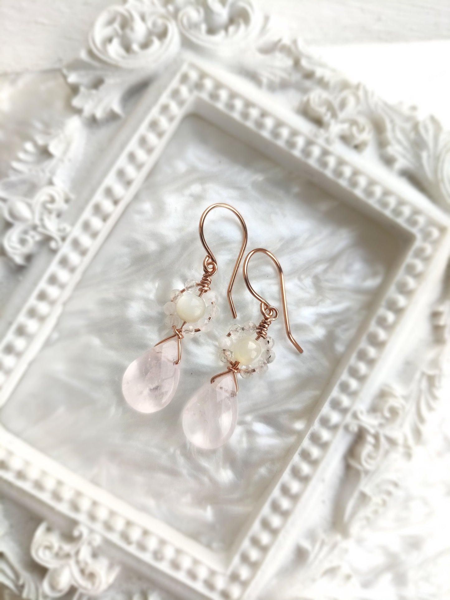 Rose Quartz & Moonstone Flower Dangle Earrings