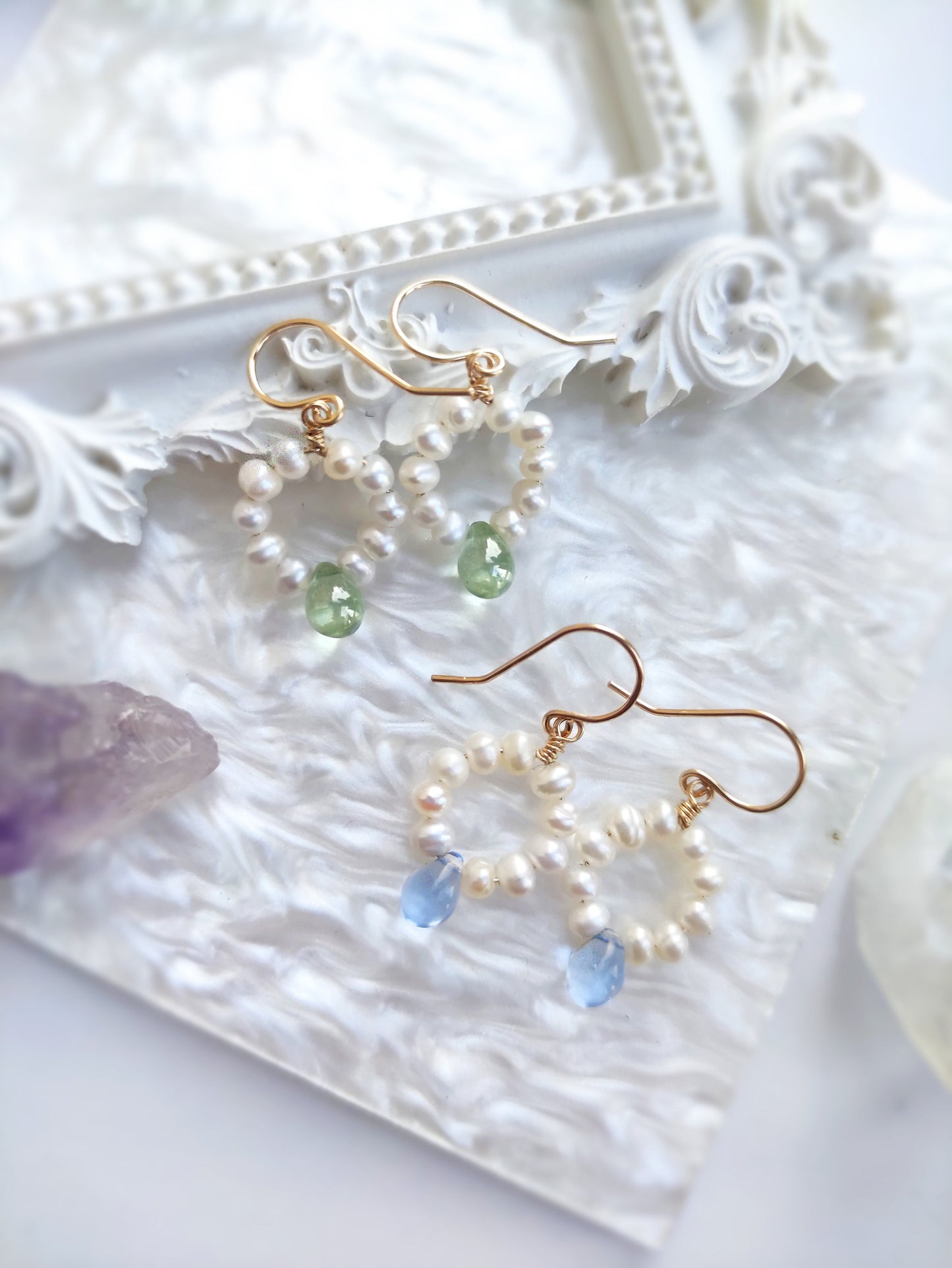 AQUARIA Small Freshwater Pearl Hoop Earrings with Glass Teardrop Beads