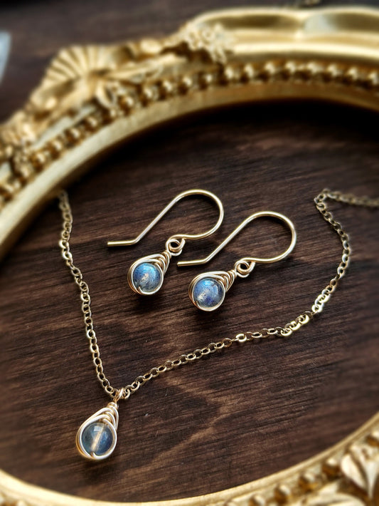 Dainty Labradorite Earrings and Necklace Jewelry Set