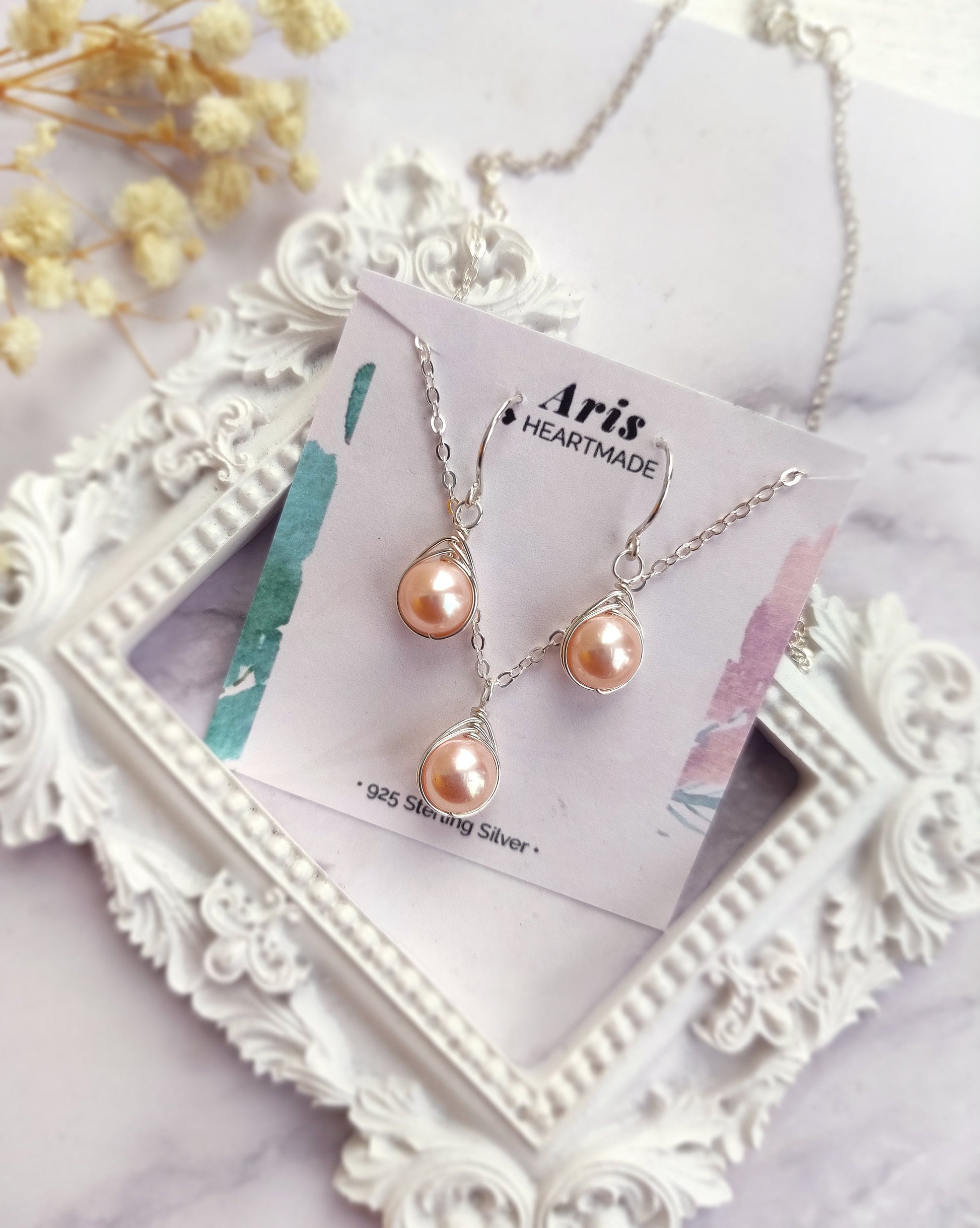 Pink Pearl Earrings and Necklace Set, Dainty Pearl Jewelry Set